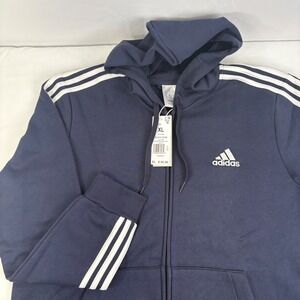 Adidas Essentials 3 Stripe Fleece Full Zip Hoodie Jacket Legend Ink XL GK9053